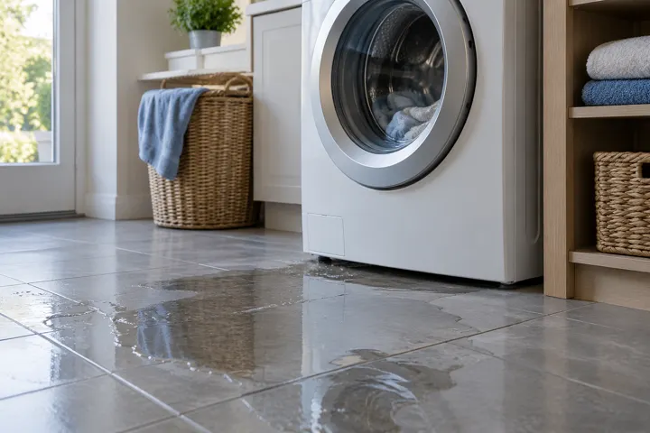 Illustration of water leaking around a washing machine