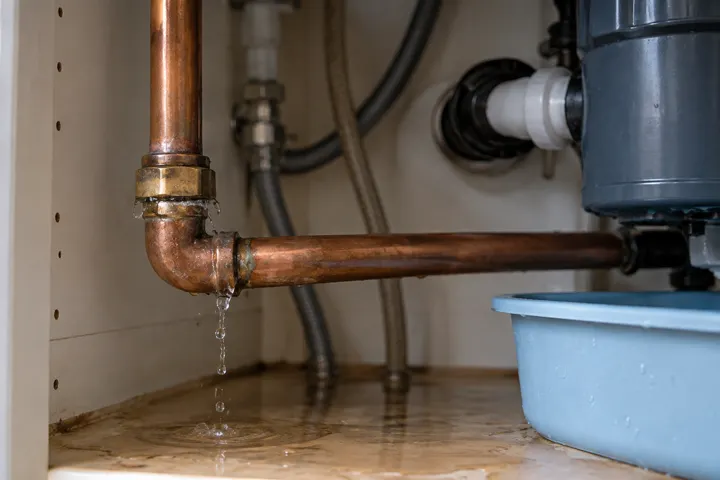 Illustration of a leaking pipe under a sink
